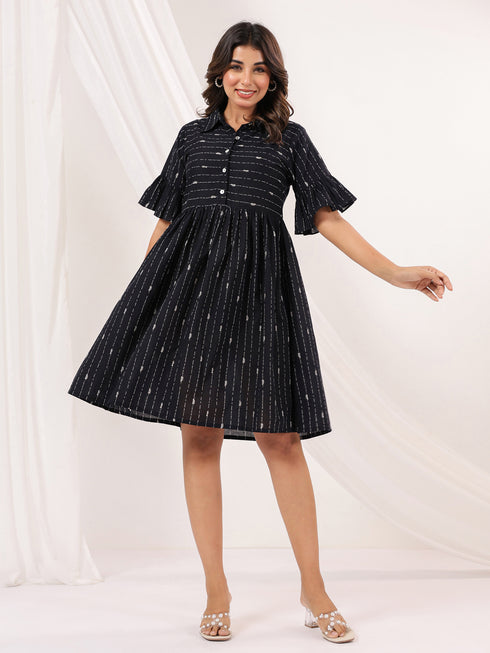 Janasya Women's Black Cotton Abstract Printed A-line Dress